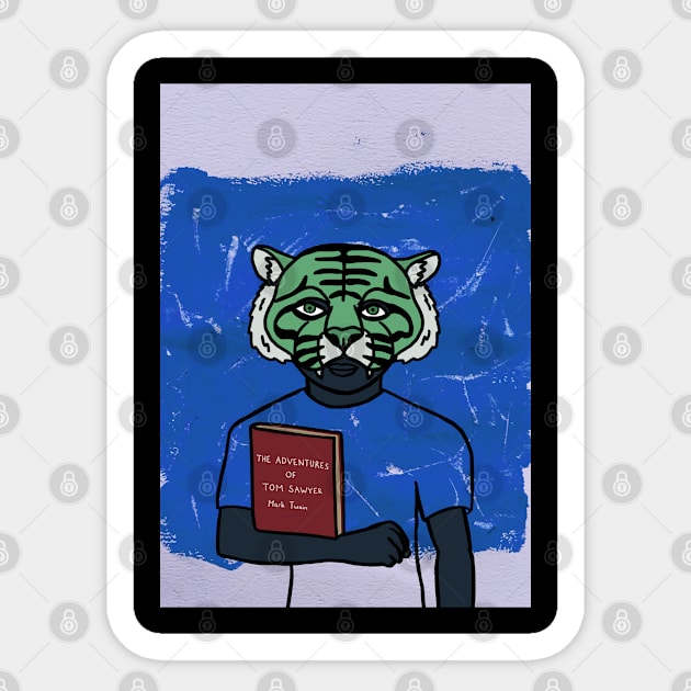 Expressive Male Character with Animal Mask and Green Eyes Reading a Blue Book Sticker by Hashed Art